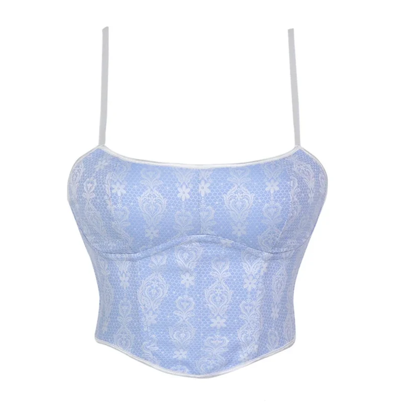 Camiseta sin mangas con corsé azul bebé para mujer, camisola con tirantes finos a la moda, corpiño Sexy, lencería gótica con cordones, ropa de calle