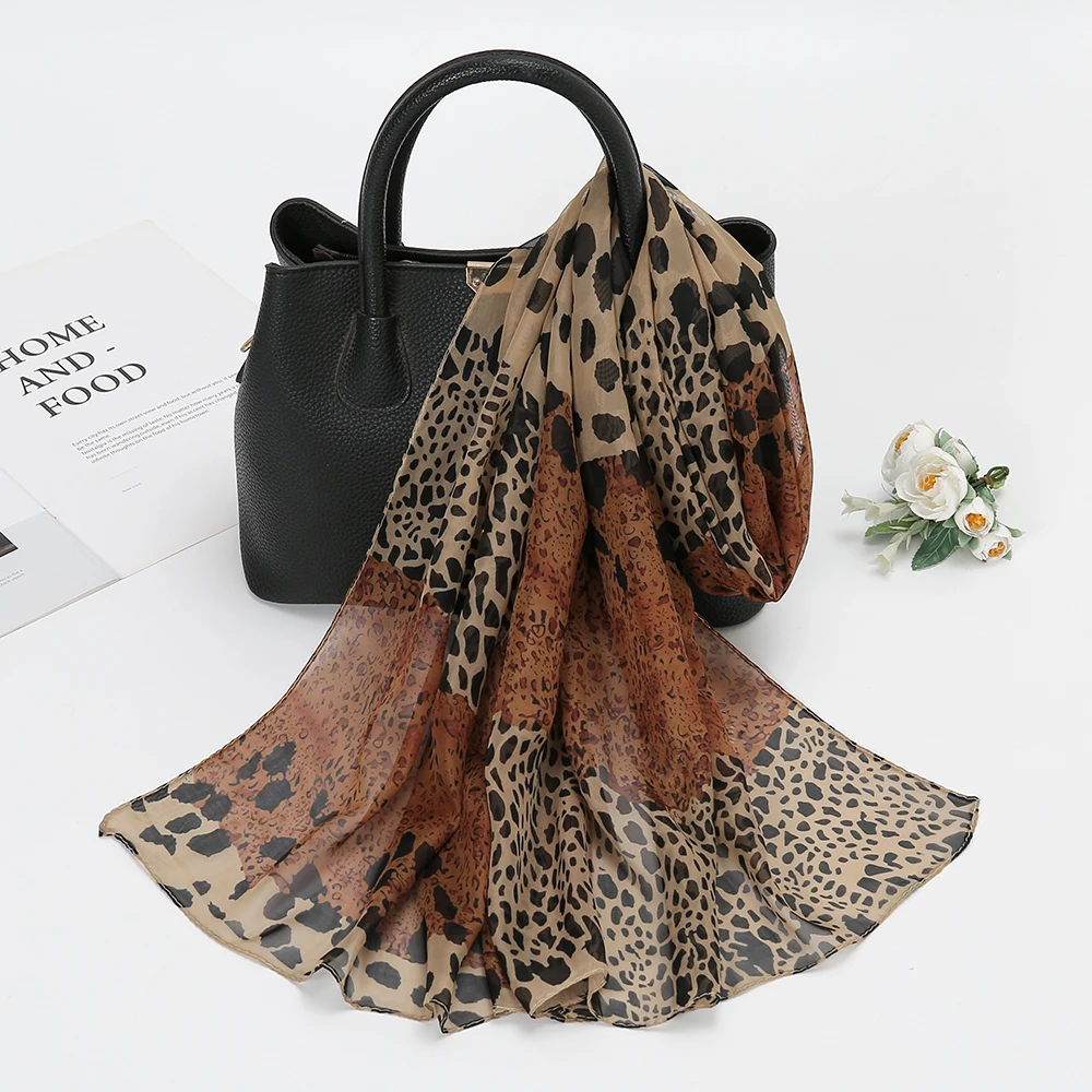 Fashion Leopard Print Chiffon Hijab Shawl Woman Muslim Head Scarf Wrap Travel Turban Veil Headband Elegant Female Headwraps