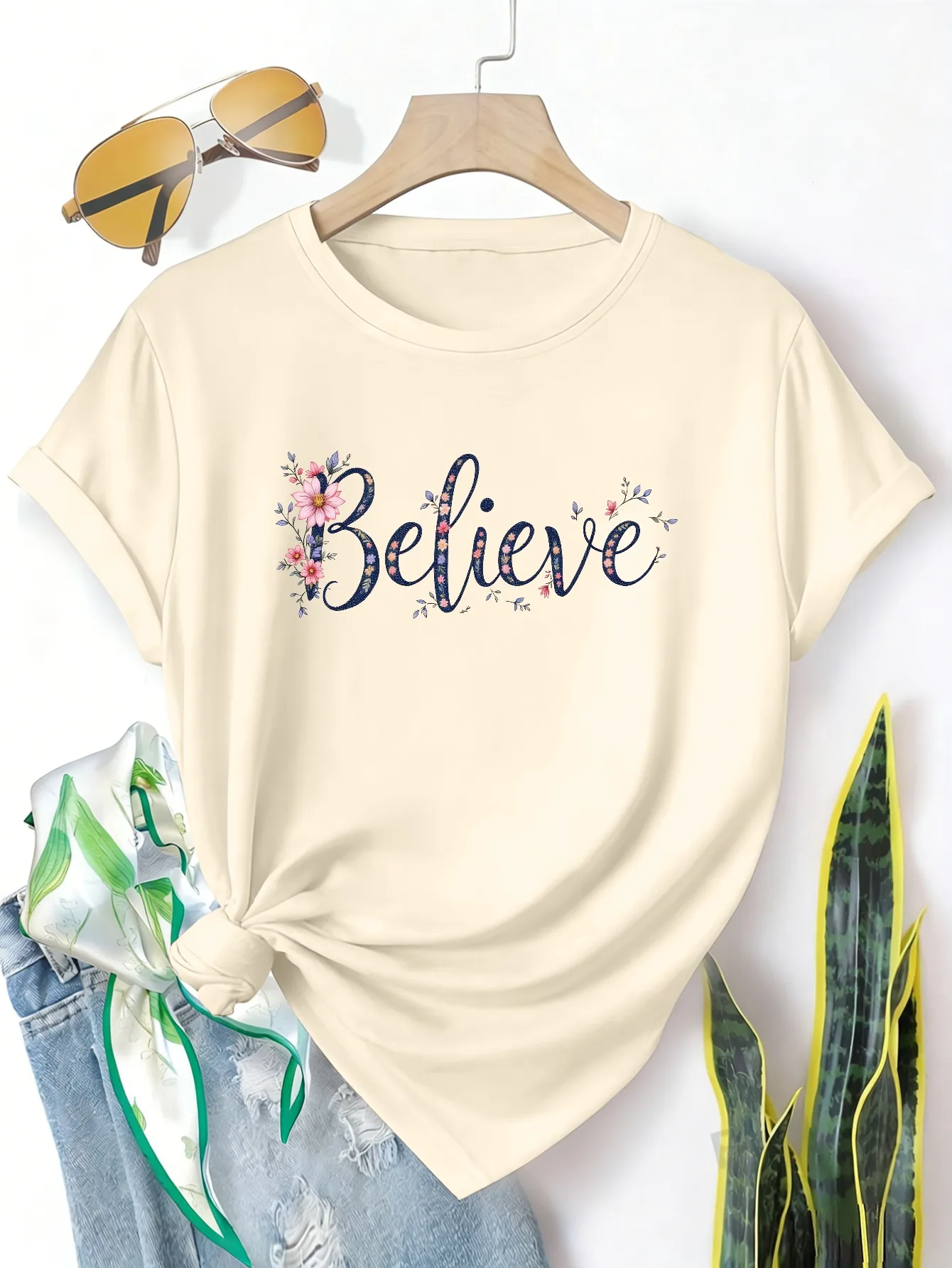 

Plus size women's short sleeve T-shirt Believe Floral Script Design Print breathable fabric summer outfits women's clothing