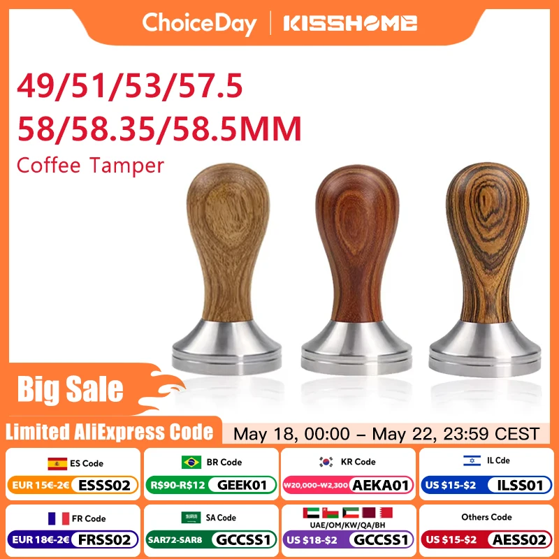 Tamper de café 41mm 49mm 51mm 53mm 57.5mm 58.35mm cabo de madeira aço inoxidável delonghi breville barista acessórios de café expresso