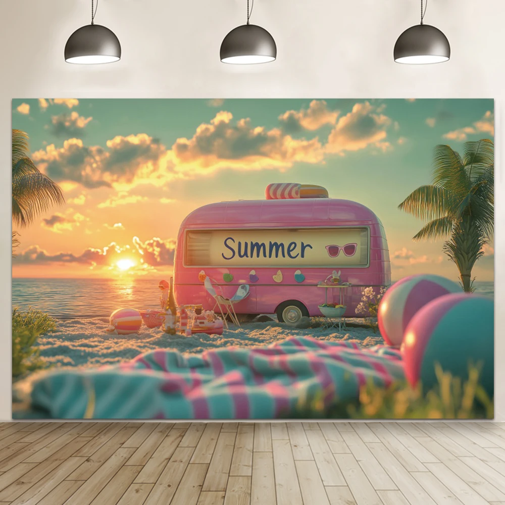 Fondo de fotografía verano palmera playa Rosa coche puesta de sol atardecer Camping fiesta de cumpleaños retrato telón de fondo accesorios de estudio fotográfico