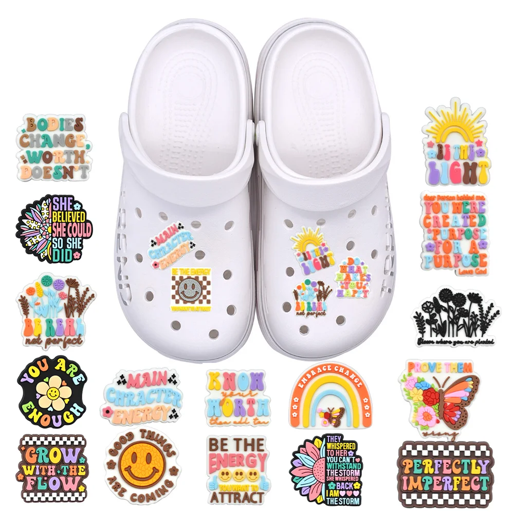 

1-25pcs New Phrase Series Shoes Charms Accessories Fit Clog Backapck Wristbands Shoe Decorate Buckle Kids Gift