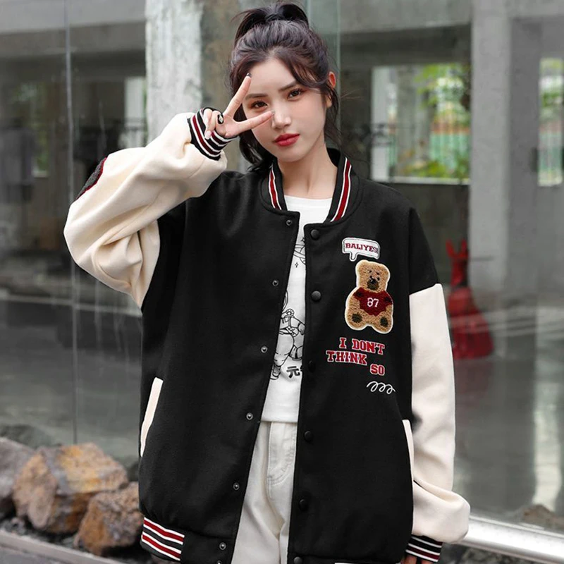 Bomber Jacket Women Korean Streetwear Fashion Oversized Coat Autumn Cute Baseball Loose Embroidery Female Trend Couple Outwear