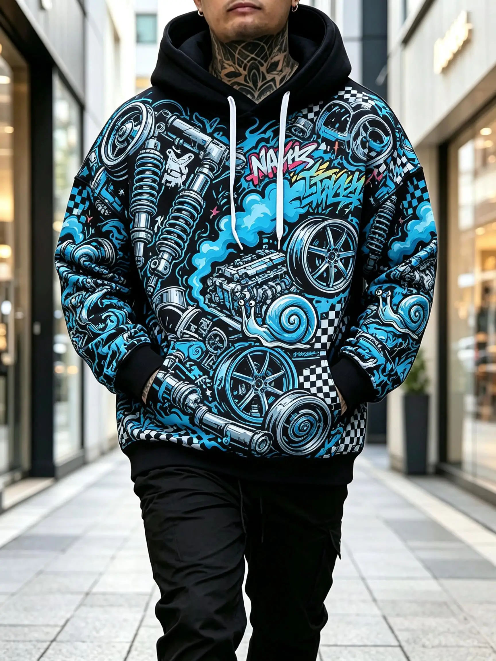Men's Hoodie Black Red Racing Car Parts Snail Print Breathable Soft Pullover Sweatshirt for Lovers Party Daily Wear
