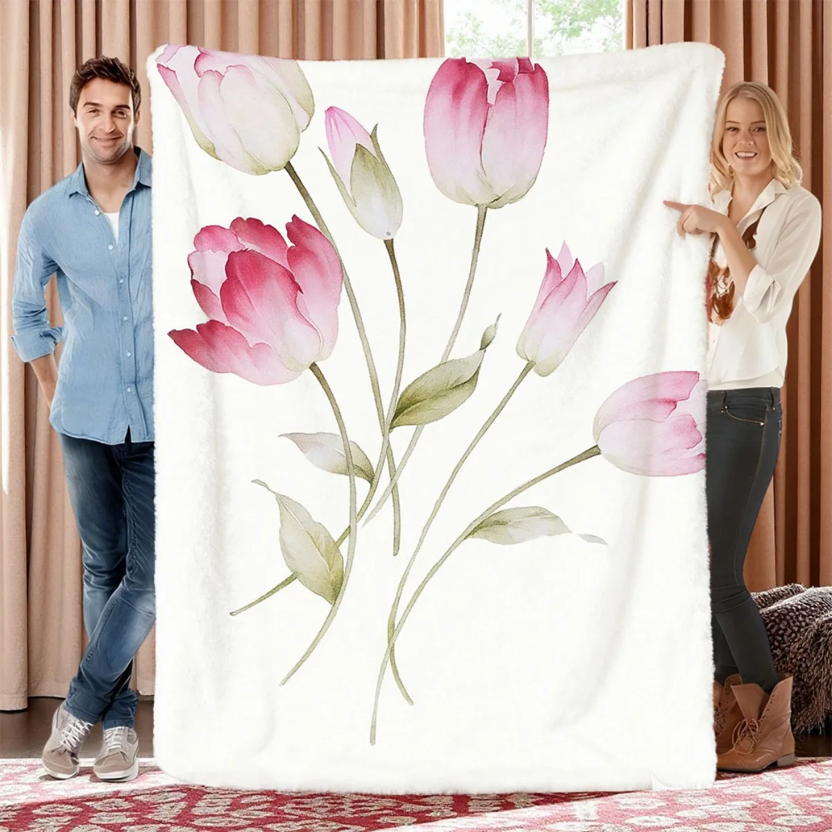 Watercolor Pink Tulip Flannel Blanket Large Throw Blanket For Guest Room Home Styling