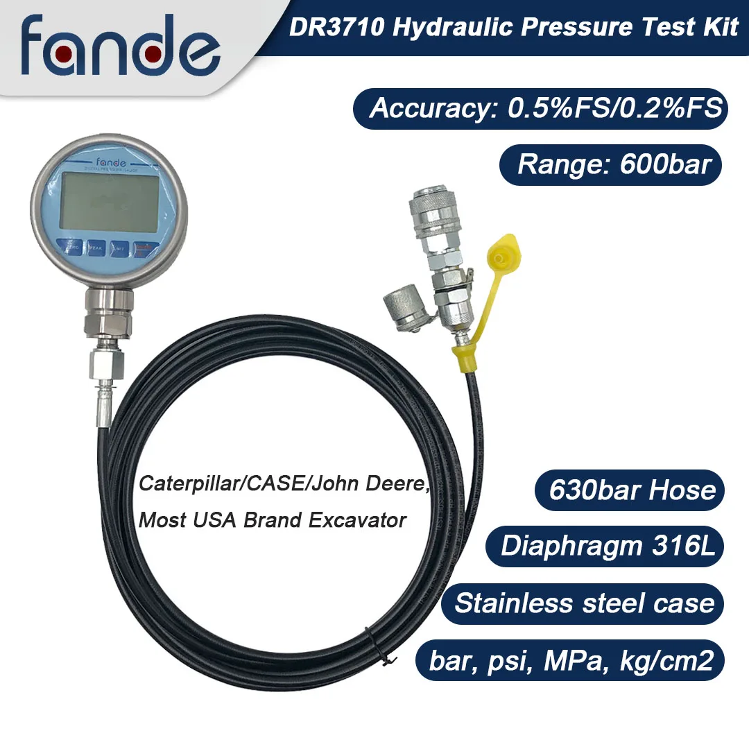 

Hydraulic Pressure Test Kit CAT Excavator 600bar Gauge Accuracy 0.5%FS Germany Hose Quick Connector Main Pump Pressure Connector