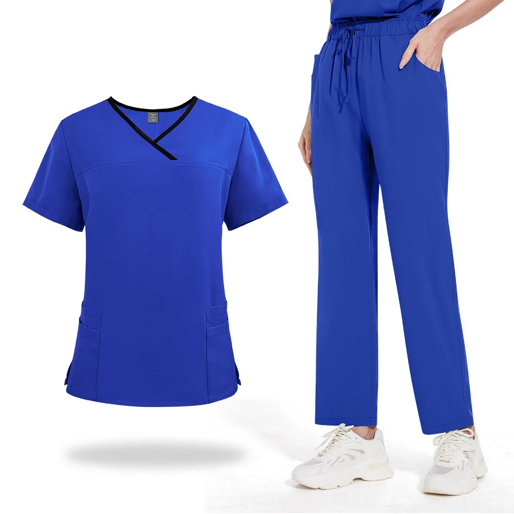 Farbblock-gewaschenes Hemd, locker, bequem, medizinisch, gerade, Laborkittel, kurze Ärmel, lange Hosen, zweiteiliges Set, Unisex-Krankenschwesteruniform