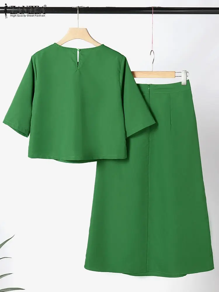 Zanzea Frauen solide 2 Stück Kleid Sets lässig Kurzarm Crop Tops Anzug Mode lange Röcke Outfits Urlaub einfach passende Sets