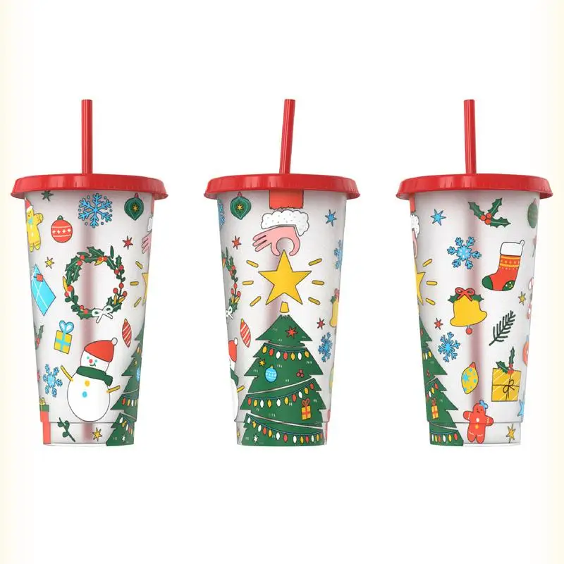 24oz New Single-layer Plastic Color Changing Christmas Cup Straw Cup Cold Tumbler With Lids Party Drinks Coffee Mugs