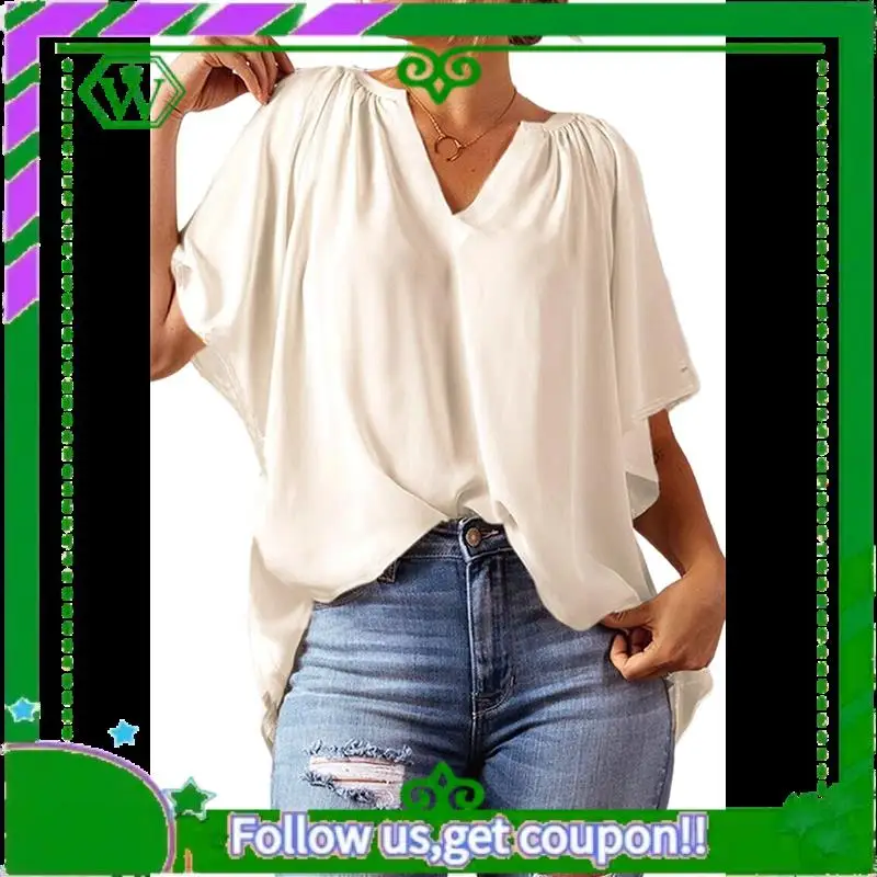 A18P-Womens Tops Dressy Casual 2025 Spring Summer V Neck Short Sleeve Shirts Business Casual Chiffon Blouses