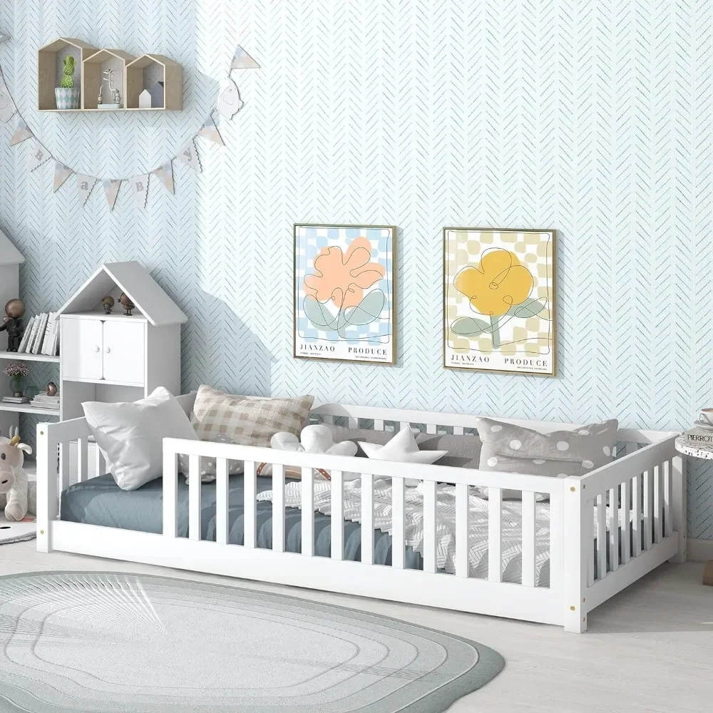 إطار سرير أرضي للأطفال مع سياج أمان وشرائح خشبية ، سرير أرضي مونتيسوري ، ألوان متعددة ، حجم مزدوج