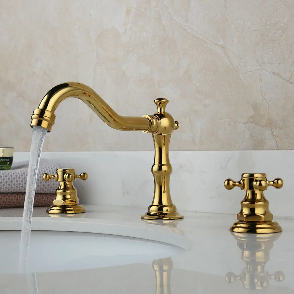 

Polished Gold Brass Deck Mounted Bathroom Sink Faucet Widespread Three Hole Basin Mixer Tap Dual Handles Hot Cold Water Tap