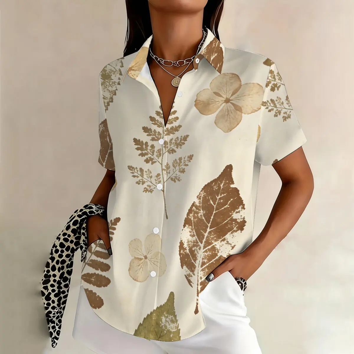 

Летняя женская рубашка больших размеров с коротким рукавом, с винтажным принтом в виде растительных листьев, натуральный и литературный стиль, нежная и универсальная, для повседневной носки.