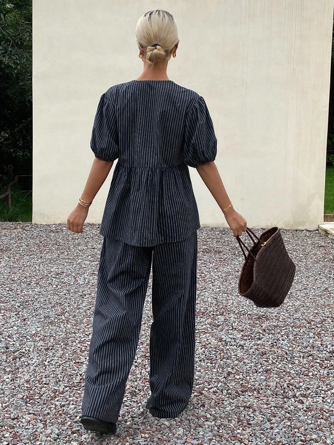 

2 Piece Striped Puff Sleeve V-Neck Loose Casual Set For Summer