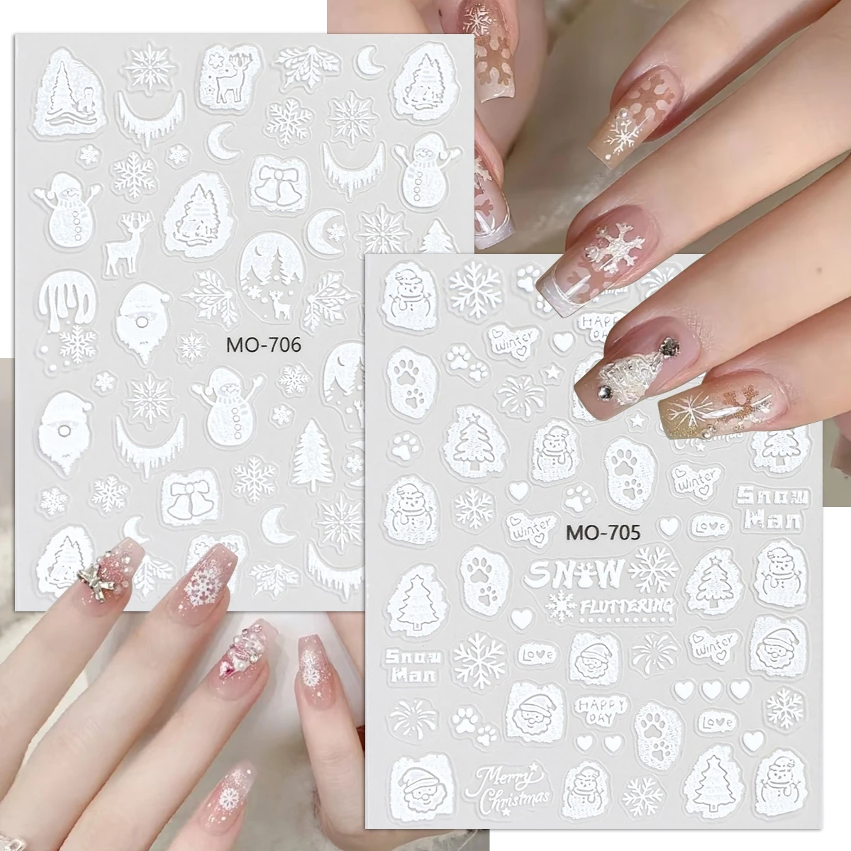 2/4 Blatt weiße Weihnachts-Nagelaufkleber, Schneeflocke, Schneemann, Wald, Mond, Pfotenabdruck, 5D-geprägte selbstklebende Nagelkunst-Abziehbilder