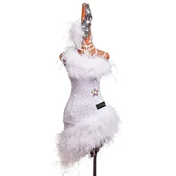 New Latin Dance Contest Performance Adult Female Snow White Feather Slanted Shoulder Shining Diamond Custom High-end Dance Dress