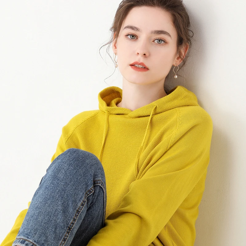 Women‘s Hooded Clothing Spring And Autumn Long Sleeved Fashion Casual Versatile Tops Knitted Pure Cotton Hooded Collar Pullover