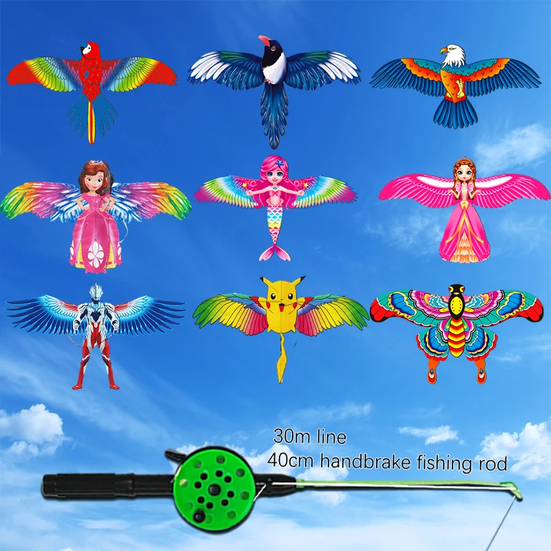 1 Juego de cometa voladora para niños, juguete de dibujos animados, mariposa, sirena, loro, urracas, águila, cometa con mango, cometa voladora, juguetes para exteriores