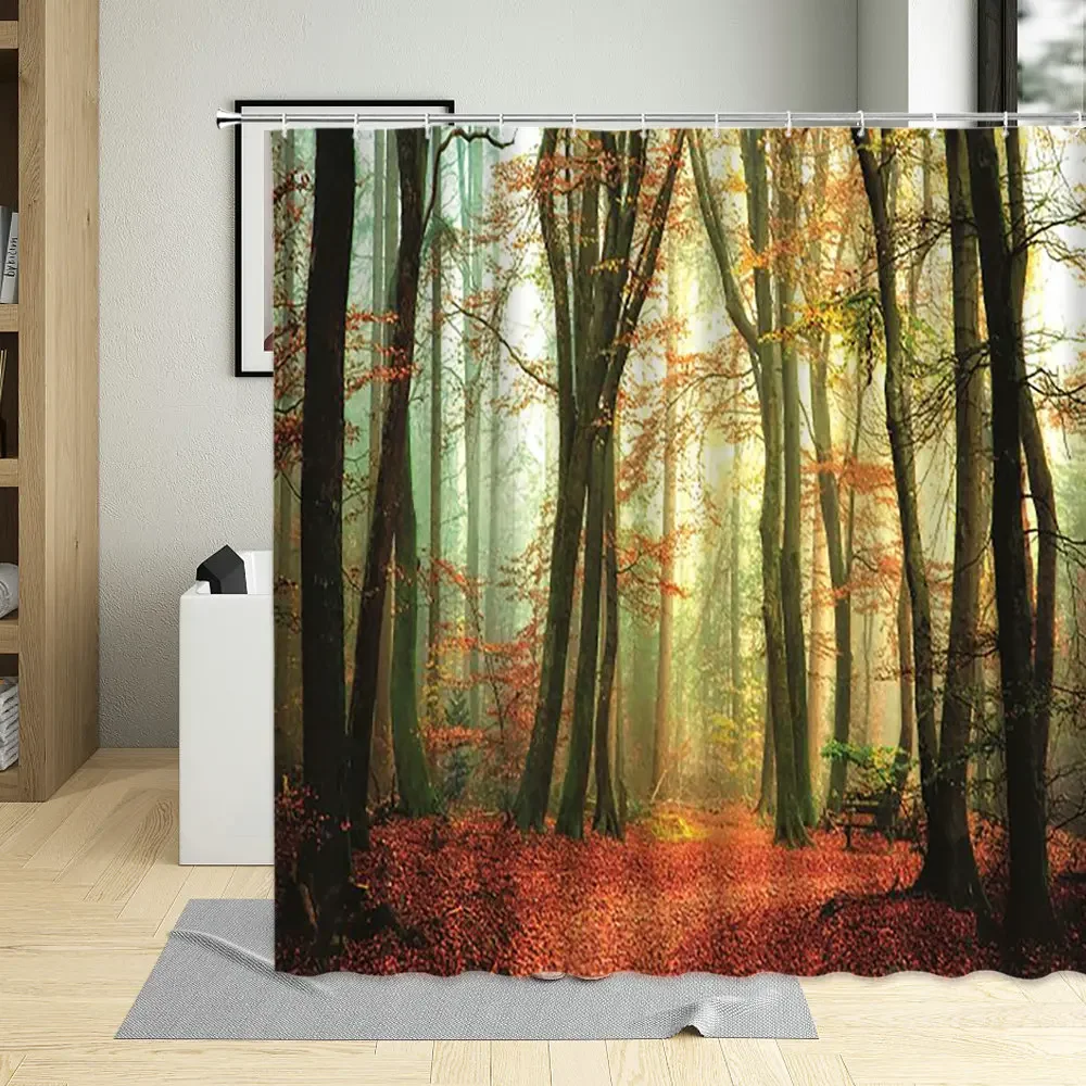 Autumn Red Leaves Nature Forest Landscape Bathroom Decor Screen Waterproof Polyester Fabric Shower Curtain With Hooks Curtains