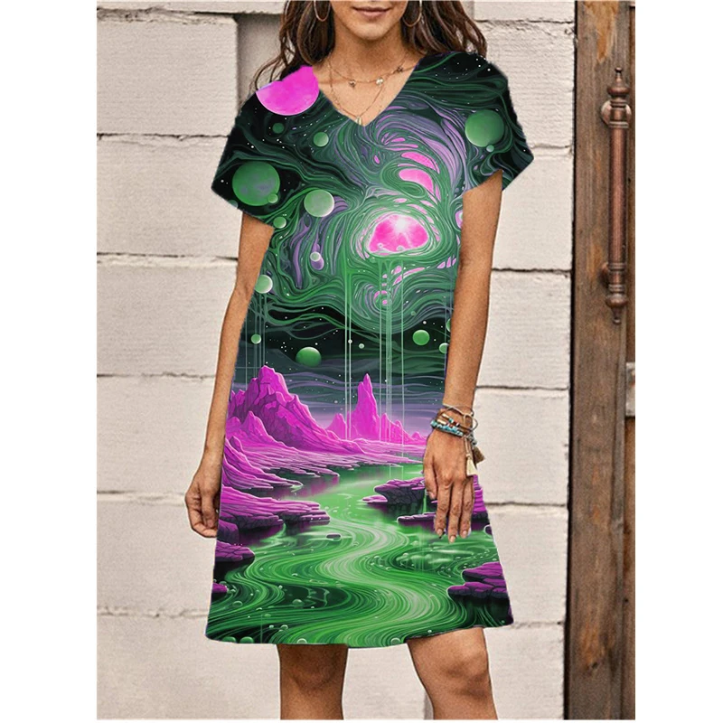 Vintage 3D Colorful Landscape Pattern Printed Dress Women Big Size Short Sleeve V-neck A-Line Knee-length Dress Summer New Dress