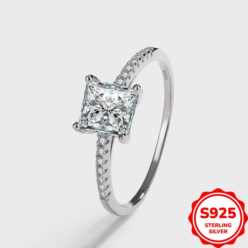 

Exquisite and Elegant Authentic S925 Silver Square Four-prong Zircon Women's Wedding Ring