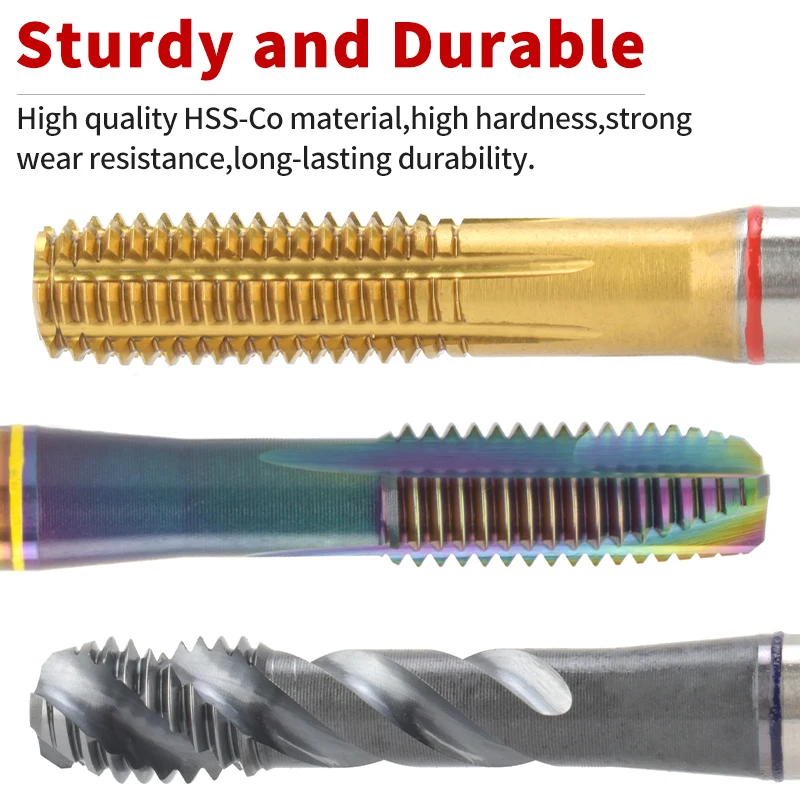 HSS-CO DIN 371 376 Blue Red Yellow Ring Spiral Fluted Tap Pointed Roll Forming M2 M3 M4 M5 M6 M8 M10 M12 Machine Thread Taps