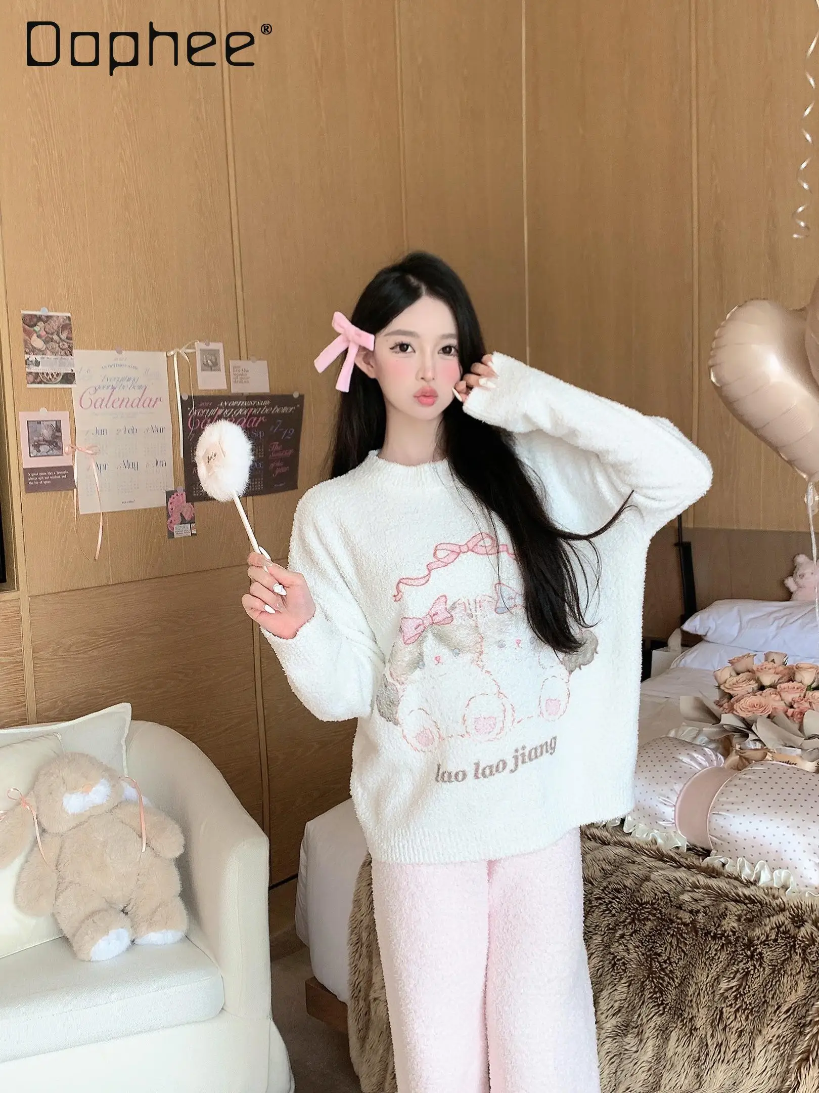 

Autumn and Winter Cat Print Pajama Sets Cute Cartoon O Neck Long Sleeve Pullover Loungewear Women's Thick Sweet Sleepwear