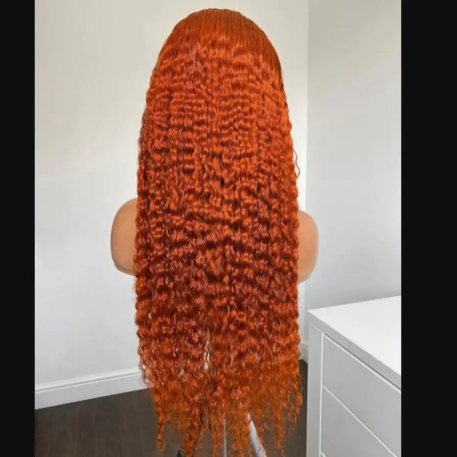 Kinky Curly Heat Resistant Soft 26 Inch 180Density Orange Lace Front Wig Matched All Sinks Babyhair Preplucked Glueless Daily