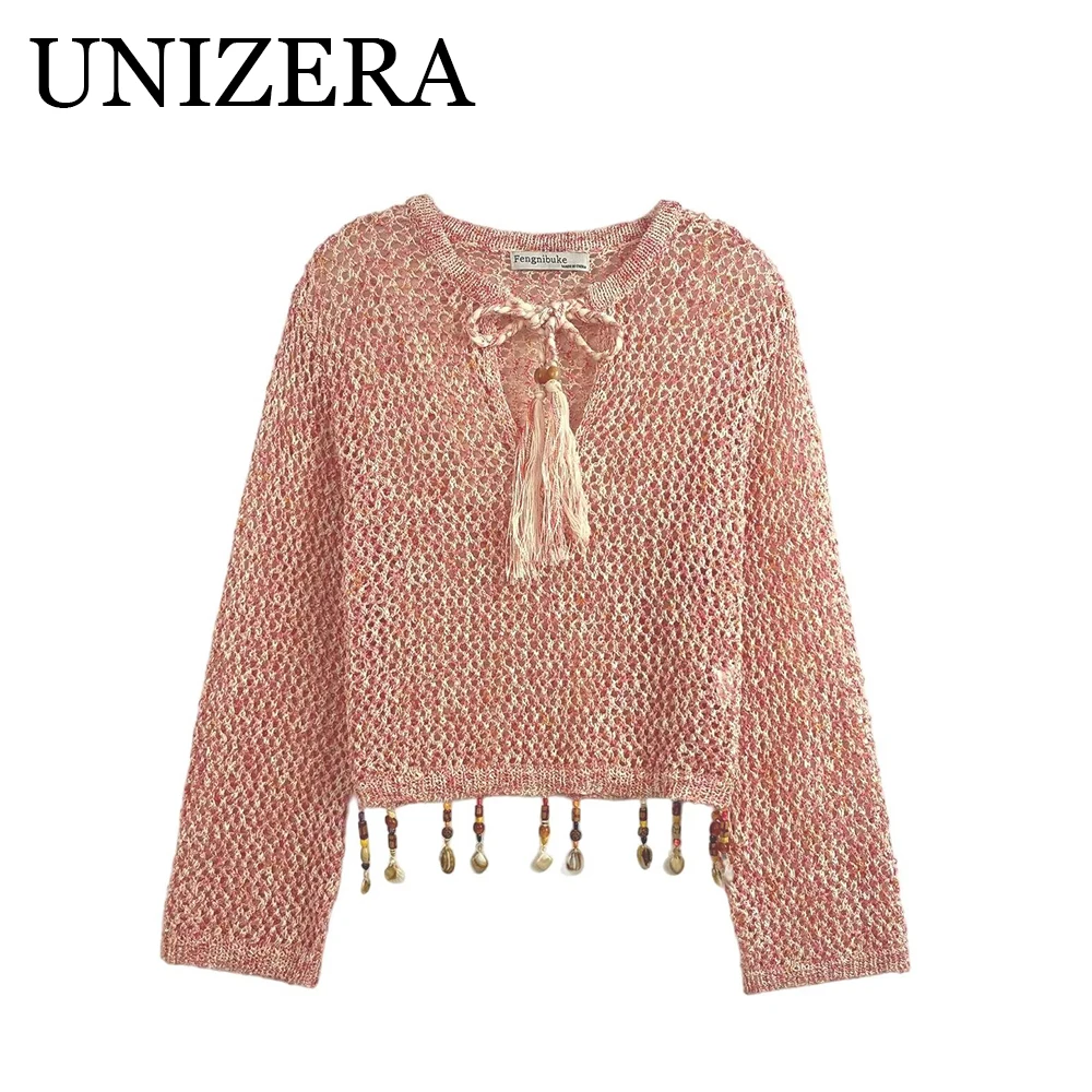 

European and American style summer new women's clothing hollowed out design with lace up shell tassel knit sweater