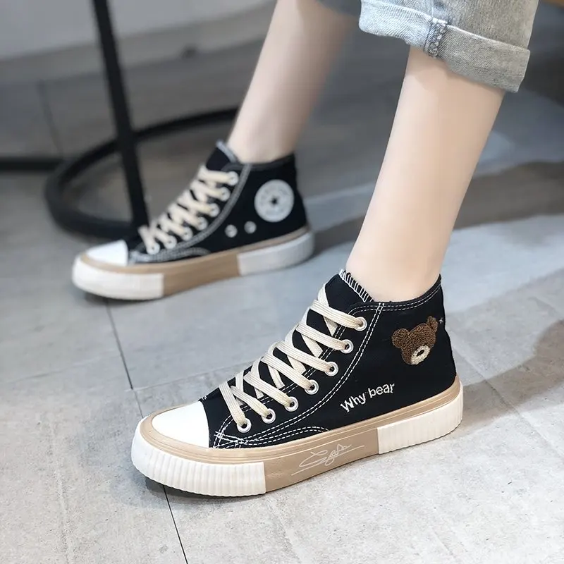 Low/High-top Canvas Shoes for Women Sneaker Cute Bear Lace Up Flat Casual Fashion Breathable Running Vulcanize Shoe