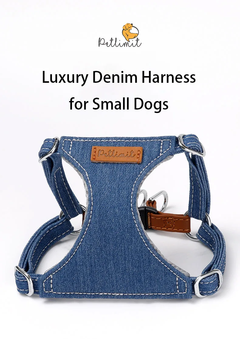 Petlimit Puppy Harness Vest - Adjustable Jean Dog Chest Strap Walking Vest for Small Puppies XXS XS S, Denim Blue