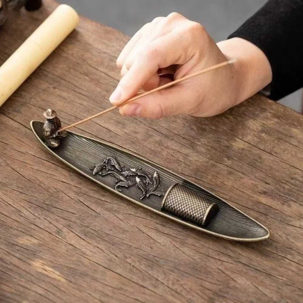 Creative Boat Shape Incense Holder Metal Traditional Incense Censer Sturdy Old Men Fishing Aromatherapy Ornament Tea Room