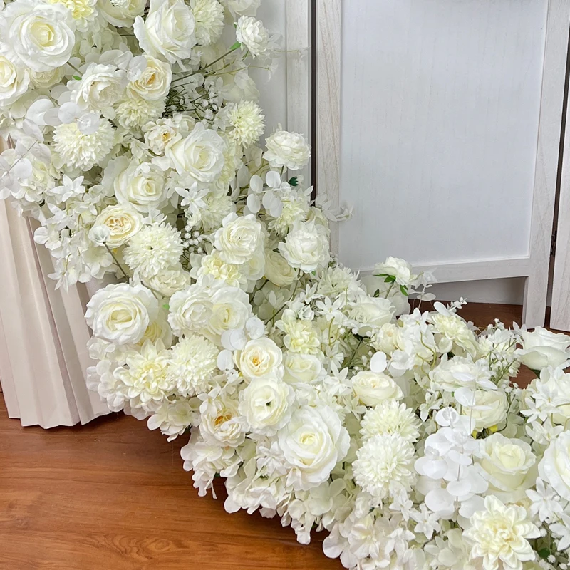 1M 2M White Rose Hydrangea Flower Row Runner Artificial Flower Ball Wedding Backdrop Decor Floral Wall Party Prop Window Display