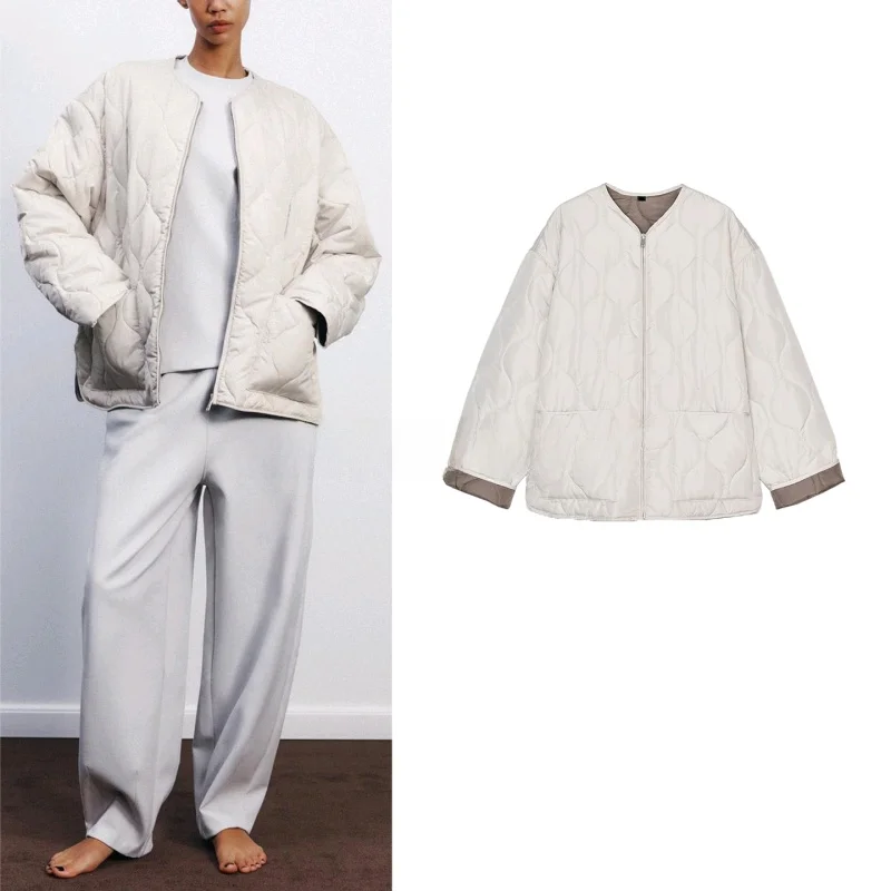 봄 신상 여성 미니멀리스트 스타일 편안한 라운드 넥 지퍼 포켓 장식 코튼 재킷 긴 소매 단색