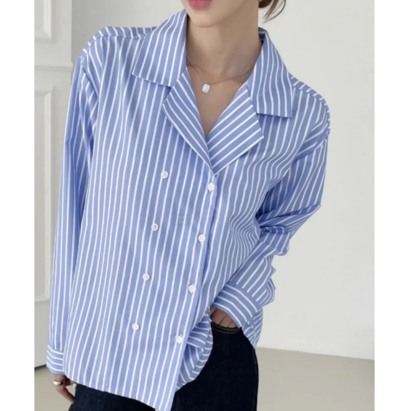 Seoulish-Blusas Vintage a rayas para mujer, camisas coreanas de manga larga con doble botonadura, chaqueta holgada con cuello, Top para mujer
