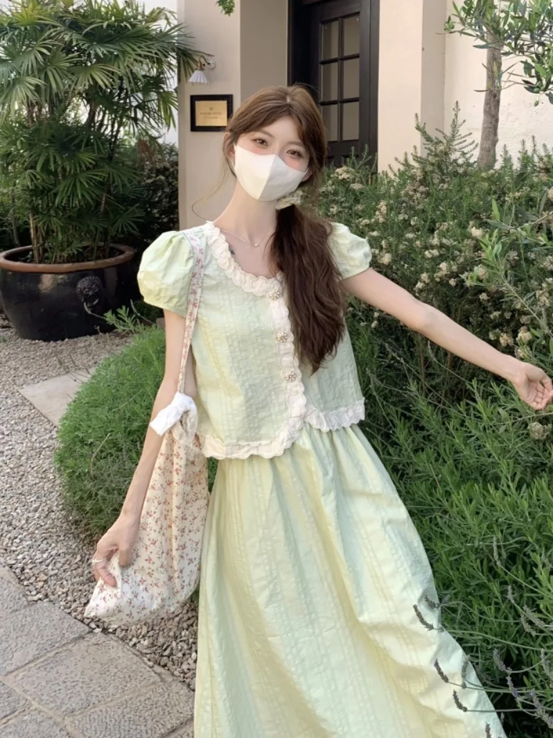 

Linen Short Sleeve Shirt Women Summer Sweet Wood Ear Short A-Line Skirt Set Casual Commute Style Lightweight V-Neck Shirt