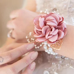 Wedding Wrist Corsage Boutonniere Set for Bride Bridesmaid Man Groom Pink Rose Wedding Flowers Accessories Prom Suit Decorations
