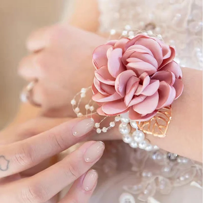 Wedding Wrist Corsage Boutonniere Set for Bride Bridesmaid Man Groom Pink Rose Wedding Flowers Accessories Prom Suit Decorations