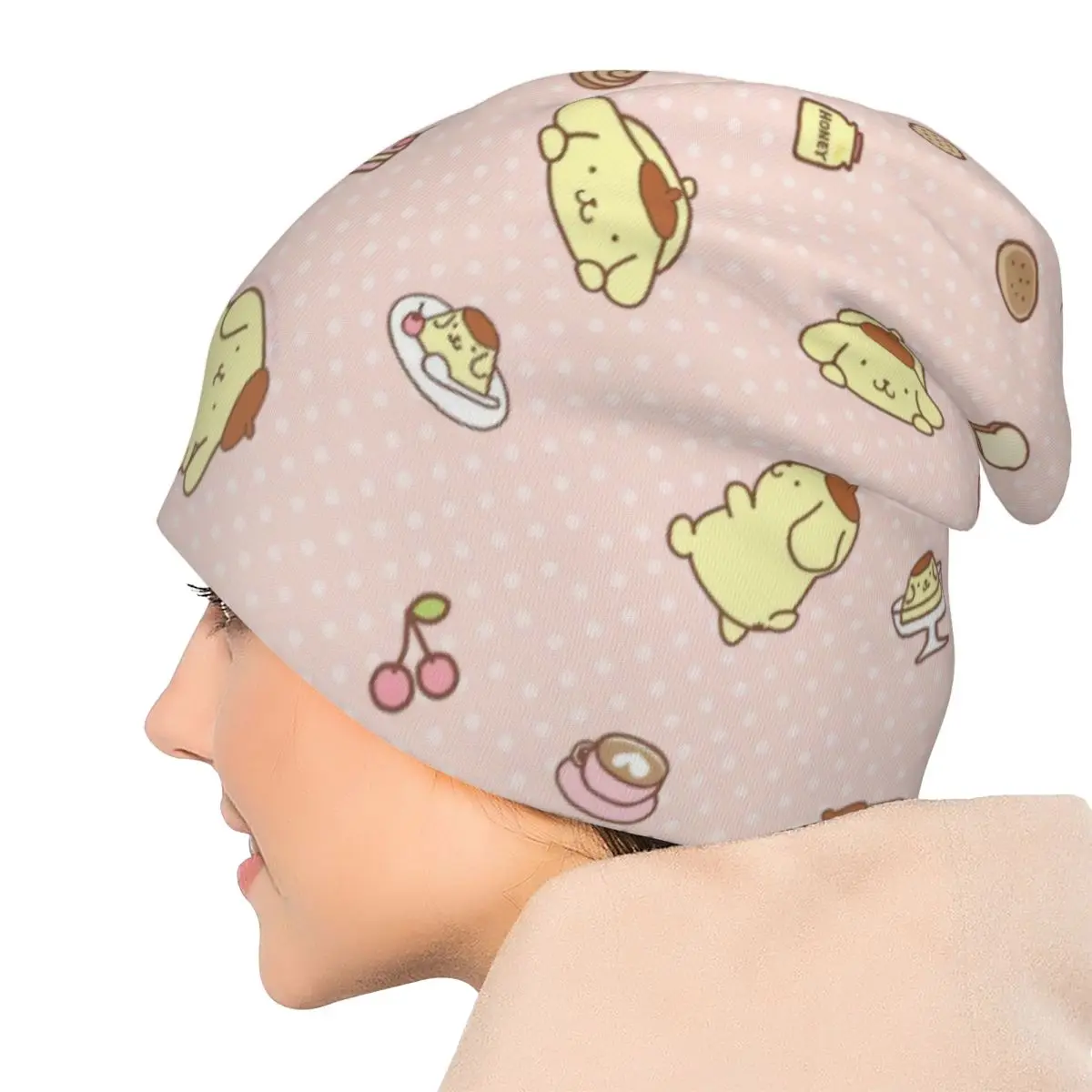 Roze Pom Pom Purin Cartoon Skullies Mutsen Hoeden Cool Mannen Vrouwen Outdoor Cap Warm Tweeërlei gebruik Motorkap Hoeden