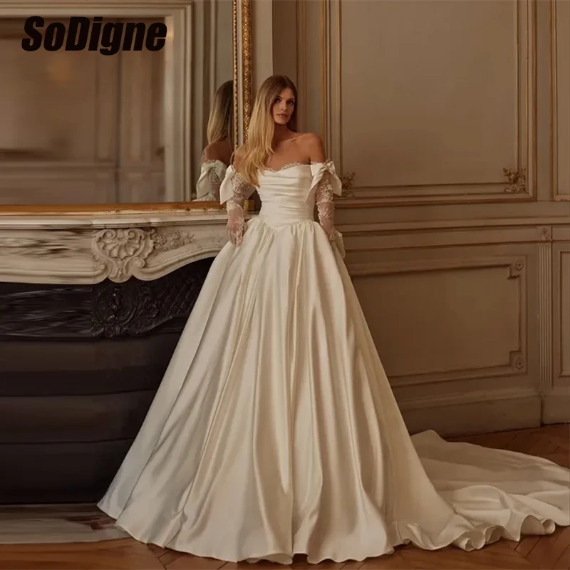 

SoDigne A-line Satin Wedding Dresses Sweetheart Sleeveless Pearls Bride Dress Long Wedding Gown vestidos de novia Customized