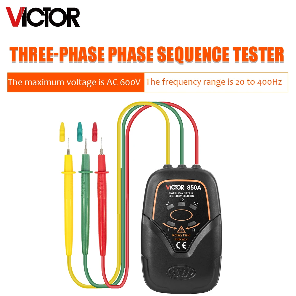THREE-PHASE PHASE SEQUENCE TESTER maximum voltage is AC 600v and frequency range is 20 to 400Hz THREE-PHASE tester 850