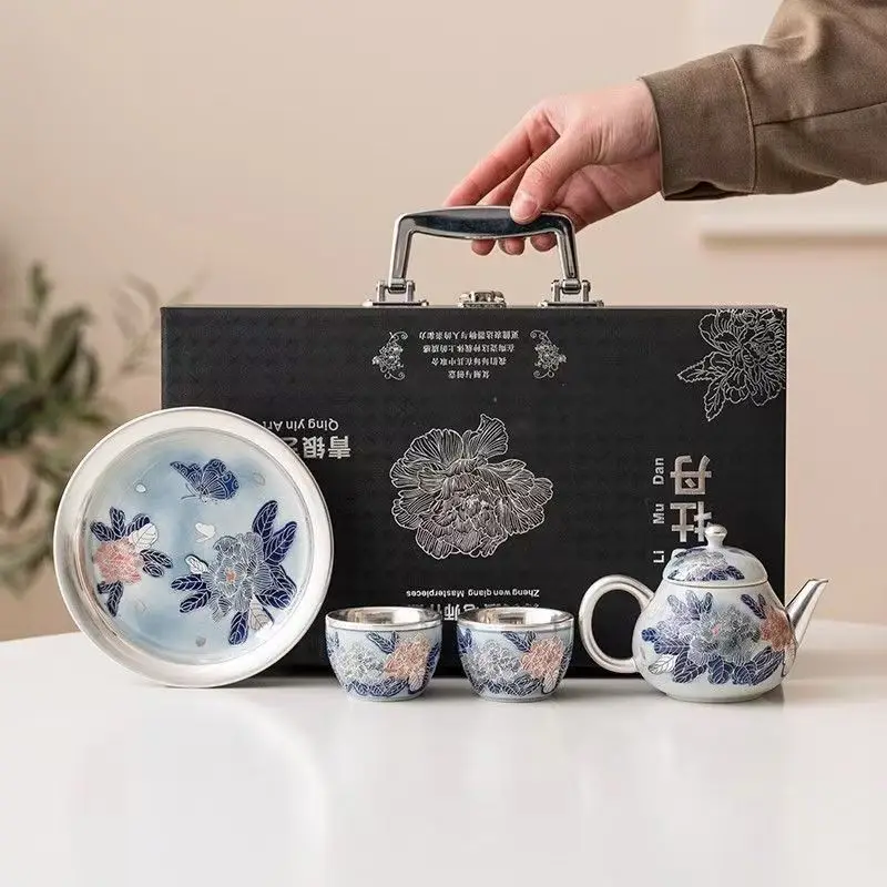 

New Gilded Silver Peony Cover Bowl Tea Cup Kung Fu Tea Set