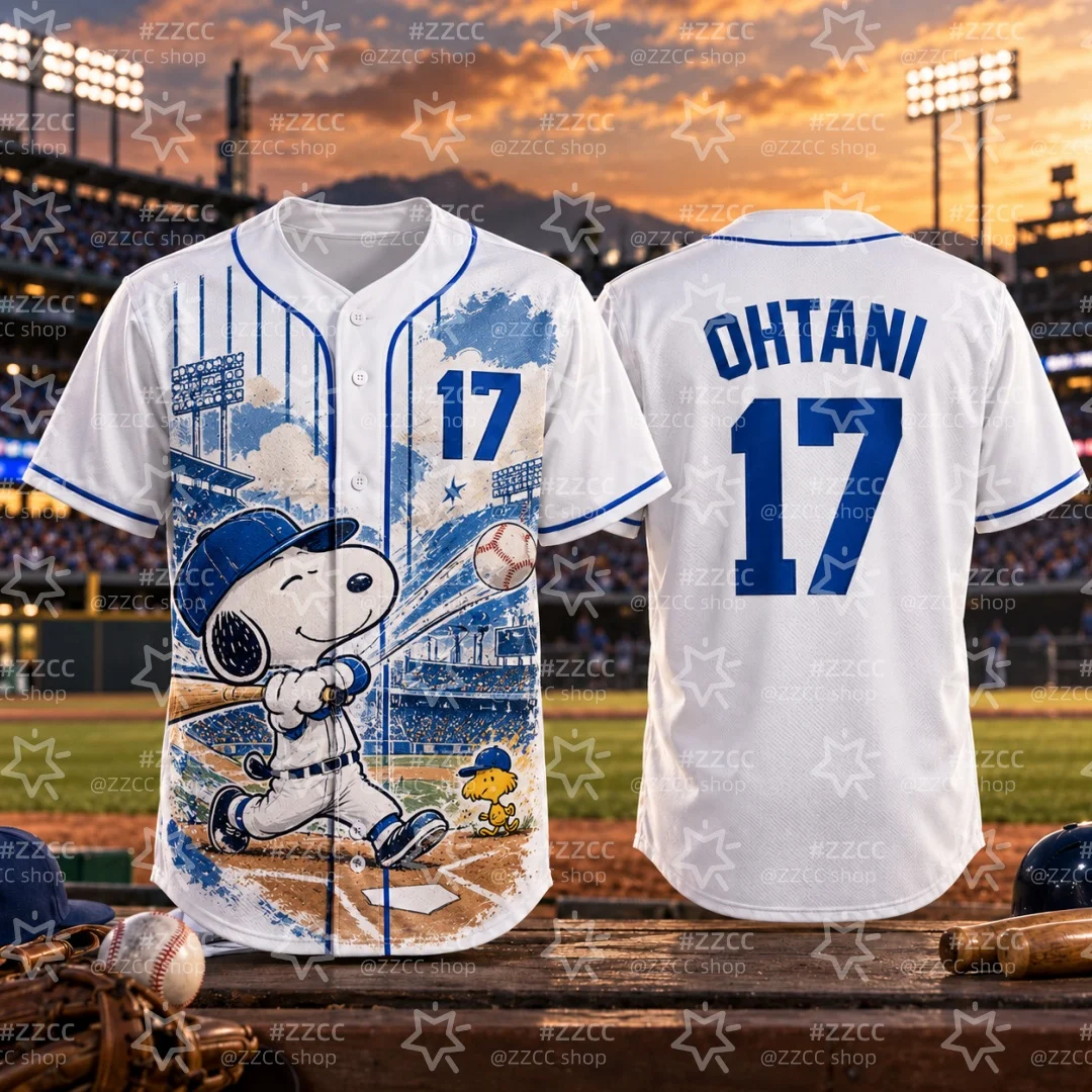 26-27 Snoopy OHTANI #17 Baseball Jersey Button Down Short Sleeve Shirt Sport Fan Game Day Jersey Men's T-Shirt Kid's Clothing  ﻿