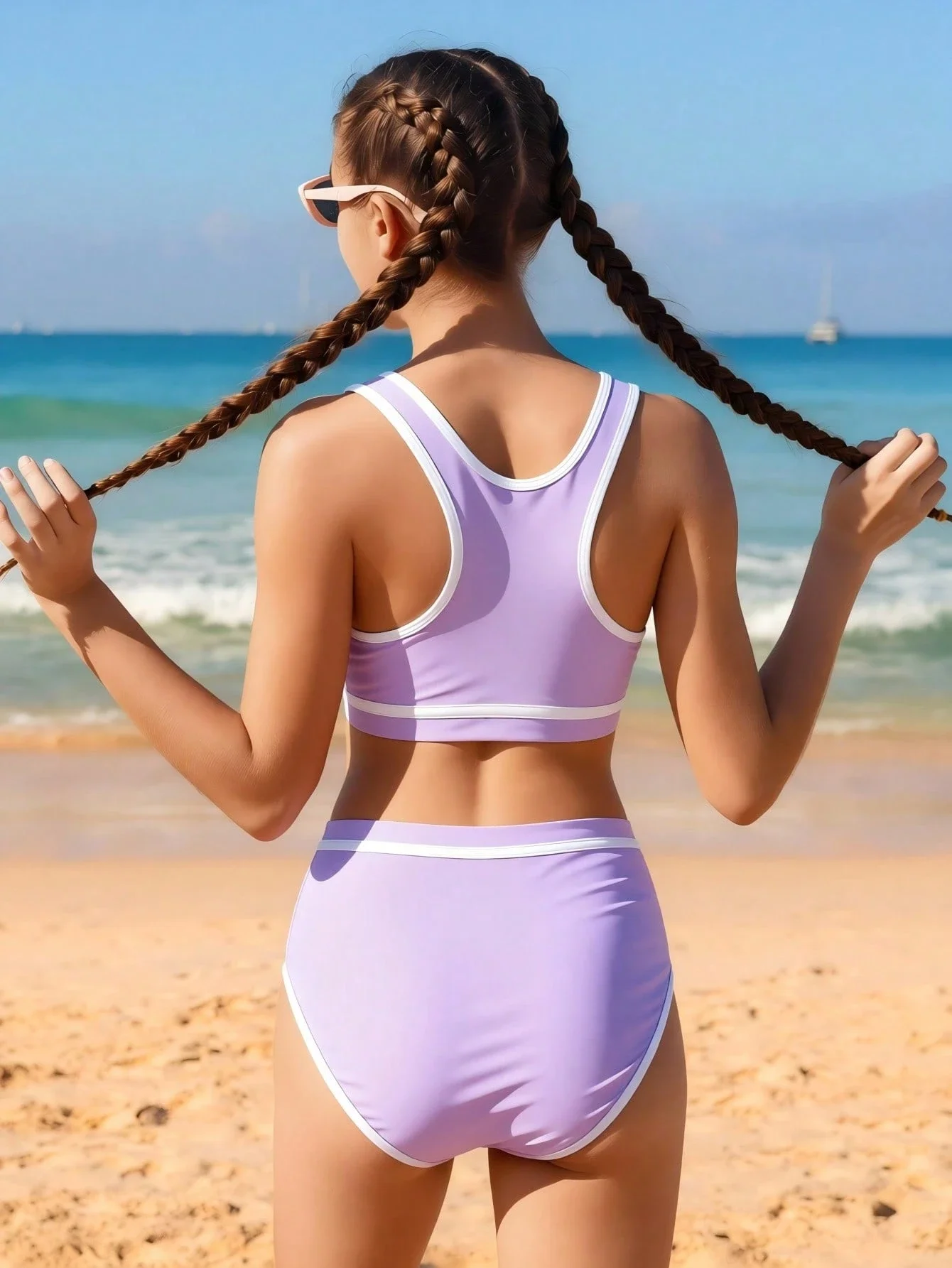 

Фиолетово-белый комплект бикини из двух частей с белой отделкой, женский купальник с высокой талией и спинкой-борцовкой