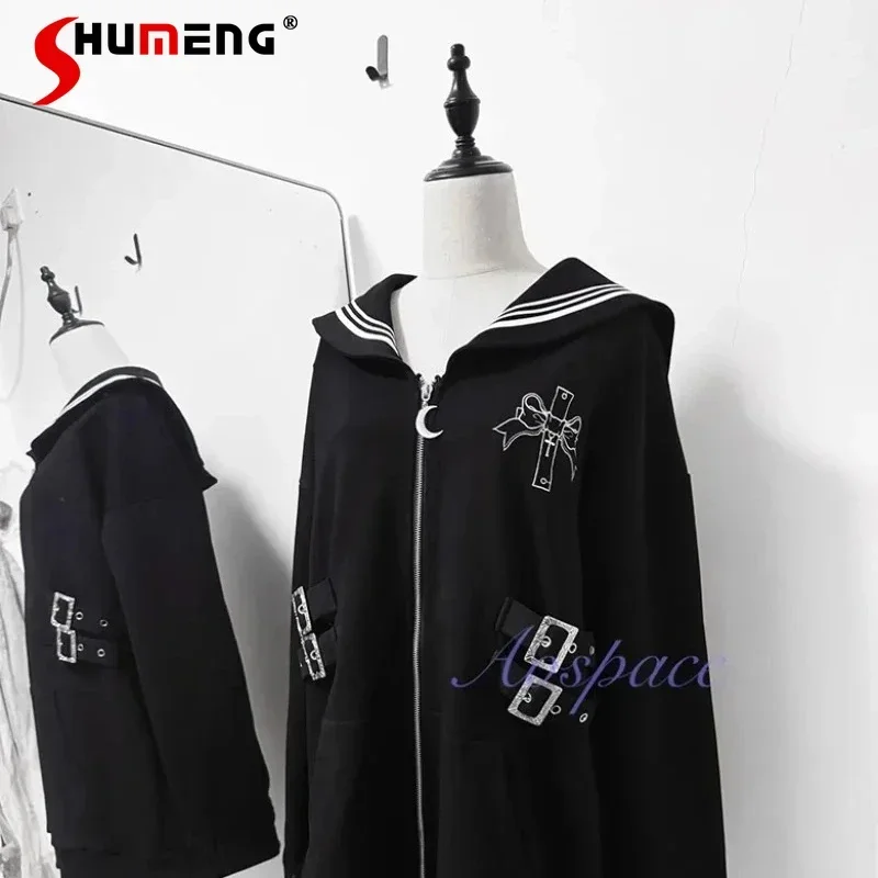Popular Subculture Embroidery Simple and Versatile Coat Navy Placket Line Sailor Collar Long Sleeves Sweatshirts Women's Clothes