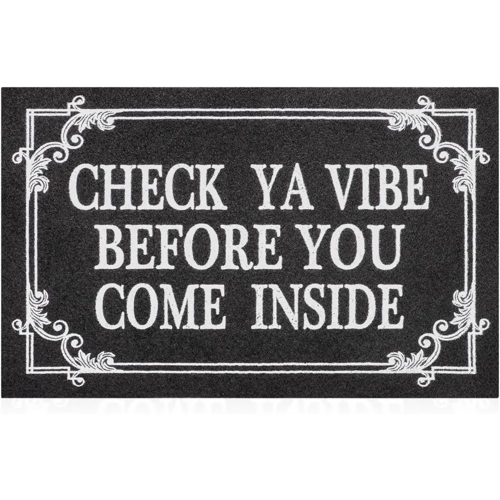 Black Non-Slip Rubber Door Mat, 28x18 Inches, 'Check Your Vibe' Welcome Mat for Indoor/Outdoor Use
