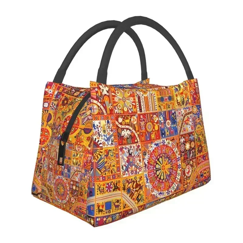 

Custom Mexican Huichol Tiles Lunch Bag Men Women Cooler Warm Insulated Boxes for Office Travel
