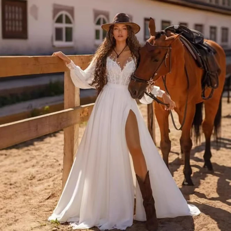 

Новые свадебные платья-футляр/русалка с открытыми плечами и овальным вырезом, кружевная аппликация, с длинными рукавами, с разрезом по бокам, 2025 Rode De Morrie