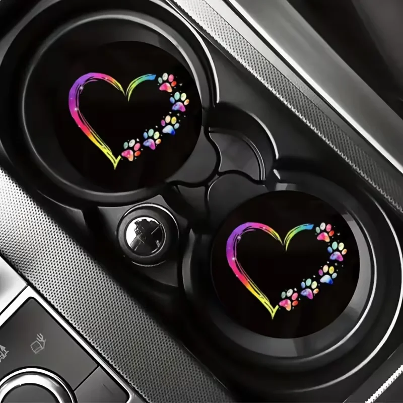 Valentine's Day Exclusive 2-Pack Heart & Paw Print Car Coasters – Silicone Non-Slip & Spill-Proof, Car Interior Decor