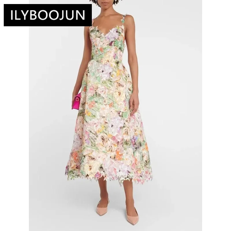 

ILYBOOJUN Floral Printing Backless Dresses For Women V Neck Sleeveless High Waist Slimming Hit Color Elegant Dress Female